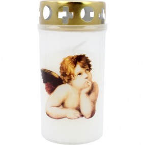 Memorial Candle white with gold lid Angel design